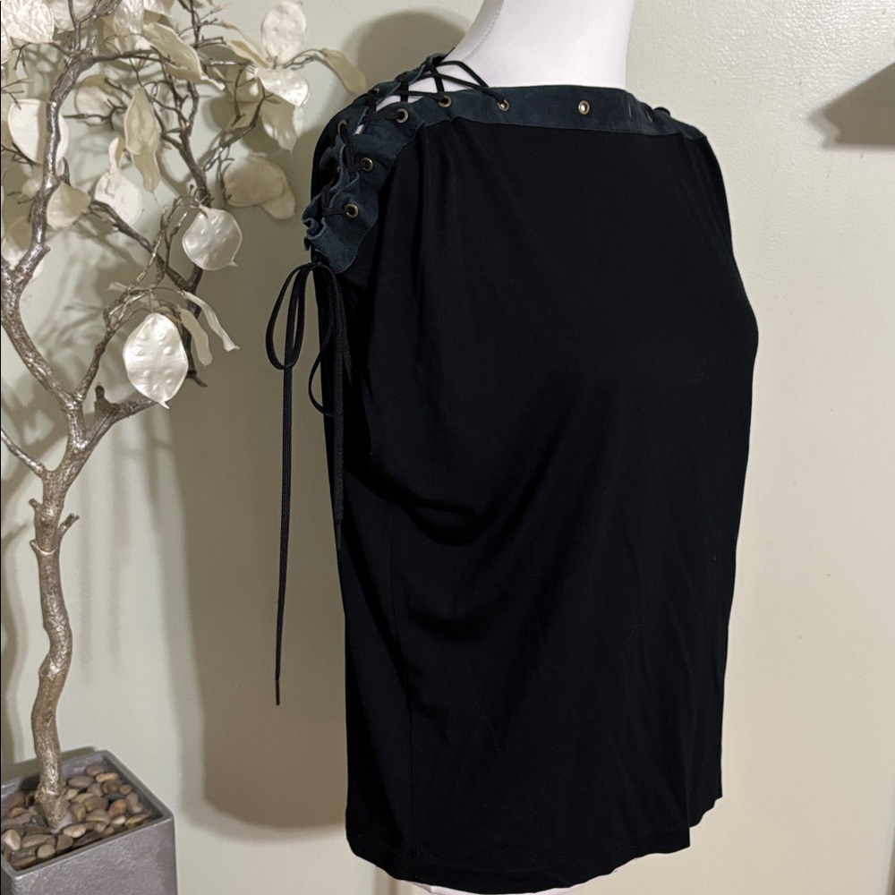 Ralph Lauren Black Leather Trim Blouse - Picture 3 of 4